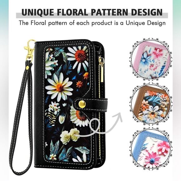 iPhone 16 6.1” Case Wallet Case Floral Wristlet Black Card Holder Phone FC2 - Picture 5 of 8